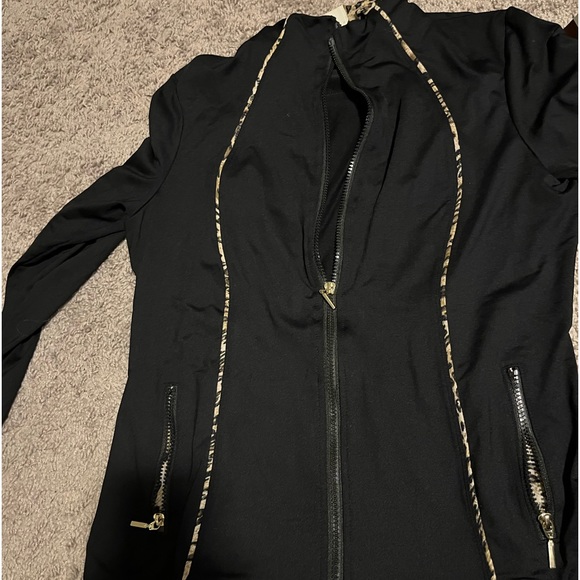 Black Neumann Marcus zip up jacket with leopard trim. So cute - Picture 1 of 3